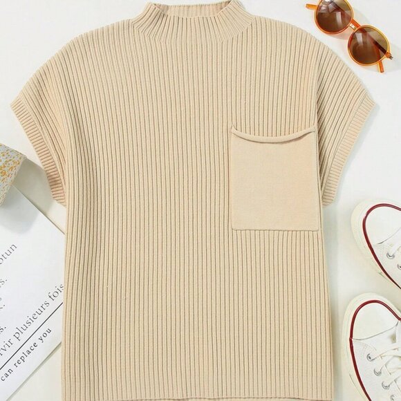 Beige Casual Women's Batwing Sleeve Knit Top With Buttoned Front - Picture 5 of 7